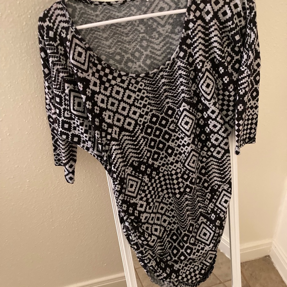 Espresso sweater dress with black and gray designs